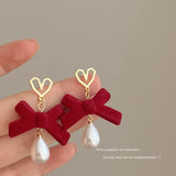DAIIIBABYYY  -  Wine Red Flocking Bow-knot Rhinestone Pearl Tassel Drop Earrings for Women Korean Fashion Winter New Year Party Earring Jewelry