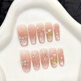 Daiiibabyyy  10pcs Blush Cat's Eye Manicure Hand-painted Tulip Flower Shiny Rhinestone Press On Nails Sweet Pink Spring Summer False Nails