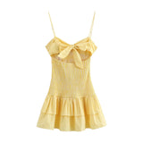 Daiiibabyyy  Summer Floral Print Hollow out Back Dress with Small Bow Tie Wind Hemp Short Sleeve V-Neck British Style Commute Dress