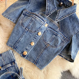 Daiiibabyyy  American Retro Denim Sets for Women Polo Collar Hollow Out Tops+High Waist Bandage Hot Shorts Girls Two-piece Set