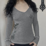 Daiiibabyyy  American Style Vintage Plant Print Basic Long Sleeved T-shirt Women V-neck Slim Fit Base Y2K Spicy Girl Top