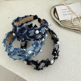 Daiiibabyyy Wide-brimmed Denim Fabric Hair Band for Women Creative Pearl Knotted Headband Fixed Hoop Hairband Girls Hair Accessories