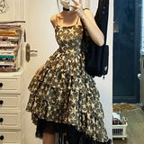 DAIIIBABYYY  -  Irregular Summer Women's Lolita New Patchwork Printing Ruffles Floral Lace Fashion Slim Sleeveless All-match Slip Dress