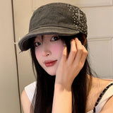 DAIIIBABYYY  -  Japanese Rhinestone Decorative Flat-top Baseball Cap Men's and Women's Retro Washed Denim British Niche Equestrian Caps Gorras