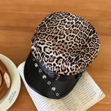 DAIIIBABYYY  -  American Niche Leopard Print Newsboy Hats Women Personality Belt Buckle Design Street Trend Versatile Retro Flat Top Berets Y2k