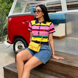 Daiiibabyyy  New Women's Knitted Blouse Summer Fashion Striped Young Women's Tops Chic Summer Unique Travel Holiday Polo Blouse Tops