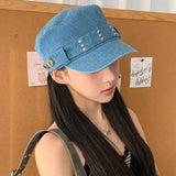 Daiiibabyyy  Fashion Cloth Rivet Denim Beret Y2k Korean Style Rivet Flat Top Washed Denim Fashion Retro Painter Hat Outdoor