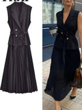 Daiiibabyyy  Corset Dress Women Pleated Vests Long Dresses For Women Sleeveless Office Party Dress Ruched Midi Evening Dresses 82N4