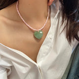 Daiiibabyyy  Minar Wholesale White Opal Natural Stone Red Resin Love Heart Pendant Necklaces for Women Silver Plated Chain Strand Chokers