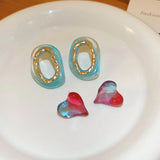 Daiiibabyyy  Romantic Red Blue Gradient Heart Stud Earrings for Women Girls Korean Style Sweet Irregular Ellipse Earrings Niche Jewelry Gifts