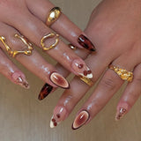 Daiiibabyyy  24pcs Long Almond False Nails Starry Golden Ripple French White Edge Press on Nails Detachable Aurora Strawberry Nail Tips