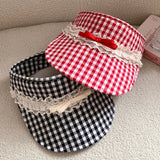 DAIIIBABYYY  -  Korean Version Bow Lace Decorative Plaid Empty Top Hat Women's Summer Outdoor Vacation Shading Foldable Sweet Sun Cap Gorras