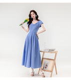 Daiiibabyyy  New Summer French Elegant Sexy Slash Neck Simple Summer Dress Women's Slim Waist Fuff Short Sleeve Solid Long Evening Dress