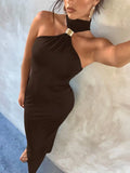 Daiiibabyyy  Women's Black One-Shoulder Choker Neck Bodycon Maxi Dress with Metal Accent