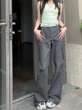 Daiiibabyyy  American Retro Gray Casual Work Pants for Women in Spring and Autumn Thin Design Loose High Waist Quick-drying Straight