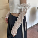 DAIIIBABYYY  -  Lolita Lace Floral Ribbon Cuffs Bow Fingerless Gloves Elastic Mesh Elbow Gloves Jk Kawaiii Sunscreen Sleeve Clothing Accessories