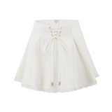 Daiiibabyyy  Holiday Front Cross Lacing up Bandage Bow Zipper Waist Mini Skirt Women White Spliced Lace Hem Ruched Swing A-lined Skirts Black