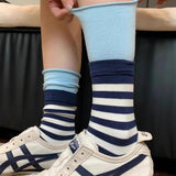 Daiiibabyyy  Women's Socks Japanese Striped Contrasting Dopamine Kawaii Rolled Edge Sports Mid Tube Socks Comfortable Breathable Cotton Socks