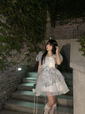 DAIIIBABYYY  -  A-line Organza Dresses Female Square Collar Puff Sleeve Robe Femme Slim Waist Sweet Mini Dress Summer Korean Vestido