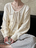 DAIIIBABYYY  -  Braided Lace Up Knitted Sweater Top for Women, Autumn and Winter Hollow Out Lazy Sweet Style Loose Sweater