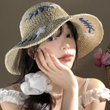 Daiiibabyyy  New Summer Style Flower Patterned Straw Hat Featuring Sunshade Sun Protection Fisherman's Hat French Seaside Beach Vacation Hat