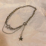 Daiiibabyyy New Fashion Shiny Star Layered Tassel Choker Necklace Y2k Jewelry Women Pentagram Silver Color Chain Zircon Charm Necklaces