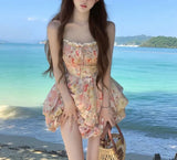 Daiiibabyyy  Vacation Style Floral Oil Painting Mini Slip Dress Female Clothing Hotsweet Summer Fashionable Lace Drawstring Ball Gown Dresses