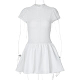 Daiiibabyyy 2024 Summer Solid Patchwork Pleated Slim Elegant Mini Dress Women O-neck Short Sleeve Casual Sweet Girl Streetwear Trend Dresses