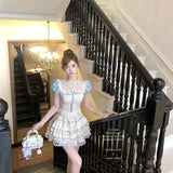 Daiiibabyyy  New French Slim Fit Lolita Neta Shirt Coarse Floral Blue Velvet Patchwork Lace Bow Short Sleeved Top Women