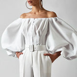 Daiiibabyyy Off Shoulder Lantern Sleeve Women Shirt Design Cotton Soild Single-breasted Backless Slim Blouse Elegant Spring Summer Tops