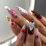 Daiiibabyyy  24Pcs Mid-length Almond Fake Nails French 3D Flower Starfish Design Press on False Nails Pearl Detachable Full Cover Nails Tips