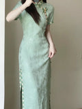 DAIIIBABYYY  -  Women Green Cheongsam Elegant Daily Improved Qipao Summer Young Girls Modern Chinese Dress Long Dresses