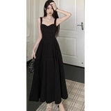Daiiibabyyy  Korean Women Black Spaghetti Strap Dress Summer Sexy Backless Slim Dress French Hepburn Style Fashon Preppy Party Vestidos