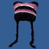 Daiiibabyyy  Cat Ear Contrast Stripe Handmade Crochet Plush Hat Children's cute ear protection warm imitation mink wool cap in winter