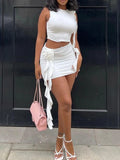 DAIIIBABYYY  -  Solid Chic Two Piece Sets for Women Round Neck Sleeveless Short Tops High Waist Spliced Appliques Skirts Slim Set Female