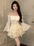 DAIIIBABYYY  -  Y2K Sweet Skirt Sutis Sexy Slash Neck Flare Long Sleeve Lace Short Top + Slim Waist A-Line Mini Skirt Womens Two Pieces Set New