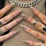Daiiibabyyy  24PCS Purple French False Nails with Glue Metallic Silver 3D Designs Almond Press on Nails Full Cover Sweet Cool Wearable Nails