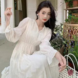 DAIIIBABYYY  -  Elegant Princess Evening Dress for Women High Waist A-line V-Neck Autumn French Casual Prom Robe One Piece Vestidos Mujer New