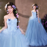 Daiiibabyyy  Blue Light Luxury Applique Wedding Dresses Women Sweetheart Strapless Lace Up Evening Bridal Dress Elegant Prom Party Ball Gown
