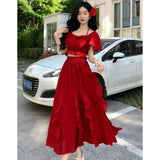 DAIIIBABYYY  -  New Drunken Wild Berry Red Dress Set Feminine Top Irregular Ruffled Edges Super Fairy Half Two-piece Set Women