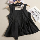 DAIIIBABYYY  -  French Style Neck Hanging Lace Patchwork Sleeveless Top Summer Outerwear Cinched Waist Sweet Youthful Doll Shirt Women