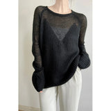 Daiiibabyyy   -  Sexy Transparent Hollow Out Women Sweaters Round Collar Long Sleeve Loose Thin Knitted Pullovers Candy Color Tops