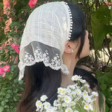 Daiiibabyyy Summer Lace Flower Headscarf Women French Pastoral Style Triangle Hair Scarf Girl Light Sunscreen Headcloth Female Soft Kerchief