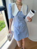 DAIIIBABYYY  -  Dress Summer Women 2025 New Trendy Ins Light Mature Age Reducing Doll Collar Small Blue Checkered Children Cute Sweet