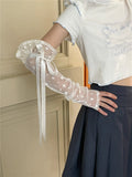 DAIIIBABYYY  -  Lolita Lace Floral Ribbon Cuffs Bow Fingerless Gloves Elastic Mesh Elbow Gloves Jk Kawaiii Sunscreen Sleeve Clothing Accessories