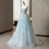 Daiiibabyyy  Fairy Blue 3D Followers Wedding Dress Women Photo Shoot A-line Evening Gown Dress Light Luxury Floor-Length Birthday Party Dress