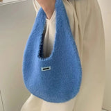 Daiiibabyyy  Ladies' Tote Bag Autumn Winter Korean Plush Dopamine Sweet Kawaii Simple Versatile Daily Large Capacity Knitted Handbag For Girl