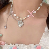 Daiiibabyyy  Y2K Five-pointed Stars Necklace for Women Pearl Heart Pendant Necklaces Fashion Temperament Luxury Personality Goth Jewelry