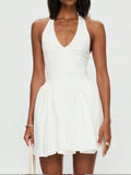 Daiiibabyyy  Women's White Halter Neck Pleated Mini Dress For Summer Street Beach Party