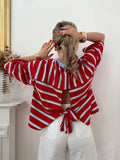 Daiiibabyyy  Women Fashion Contrasting Striped Lace Up Short Sleeved Top Classic O-neck Hollowed Out Loose Tops  Ladies Commute T-shirt